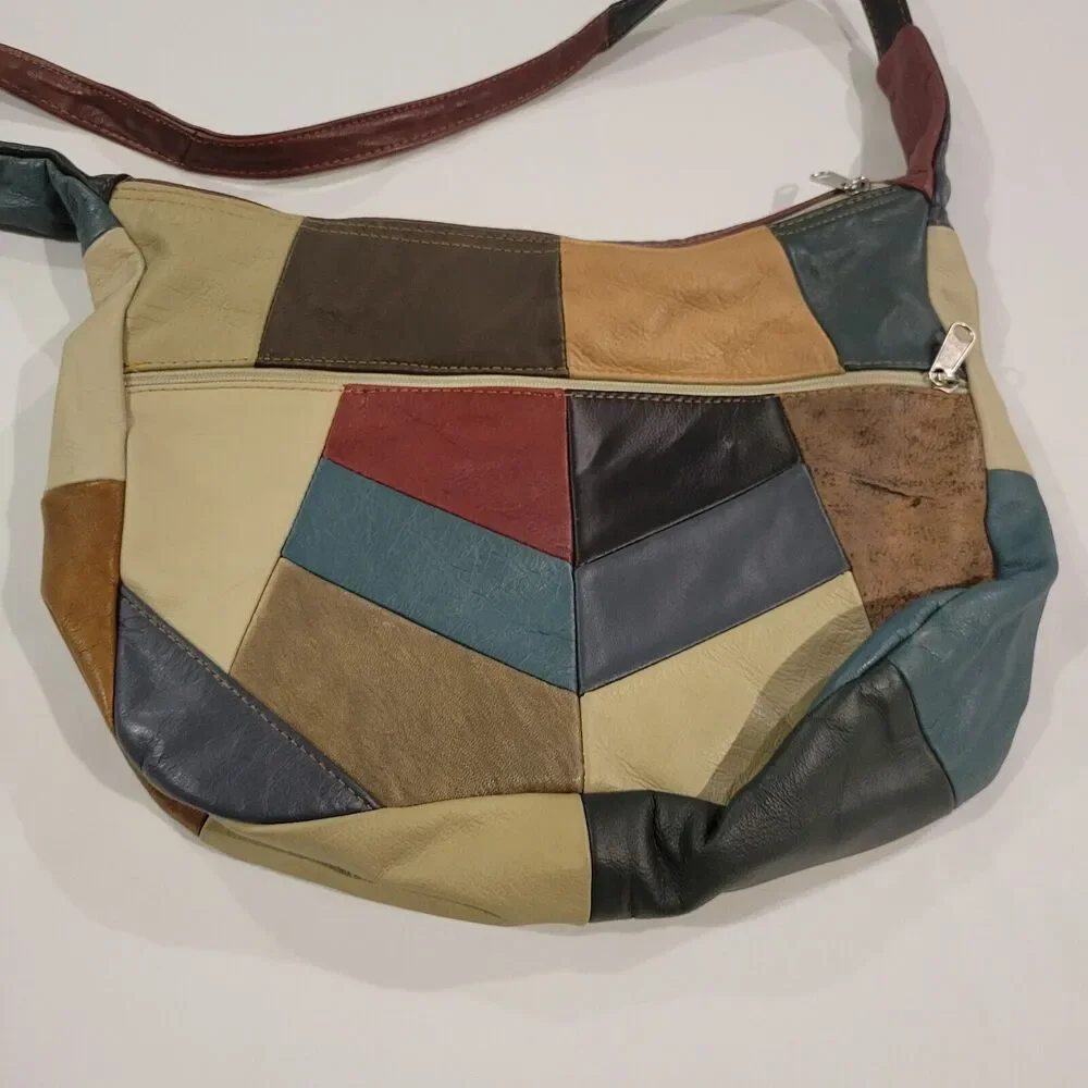 Vintage Boho Patchwork Genuine Leather Crossbody Shoulder Bag Made in Mexico